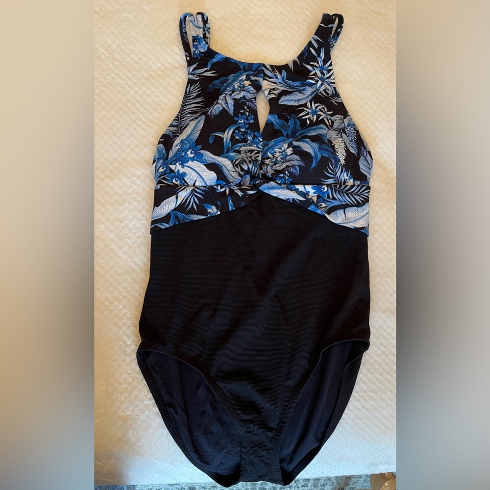 Tommy Bahama Black and Blue Floral One Piece Keyhole Swimsuit - Picture 2 of 5